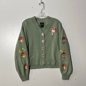 Hello Kitty Mushroom Embroidered Skimmer Cardigan Button Up Sweater Womens Small